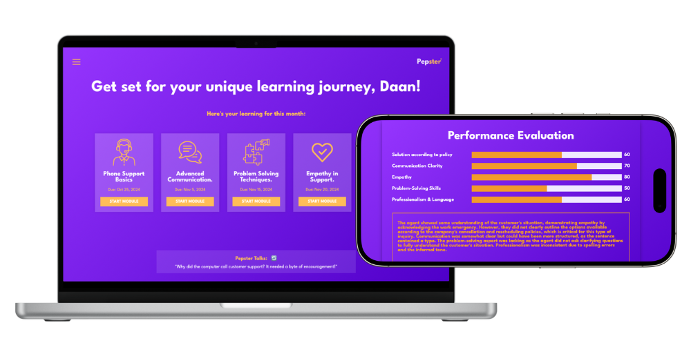 Pepster AI platform showcasing tools for skill development and customer service improvement